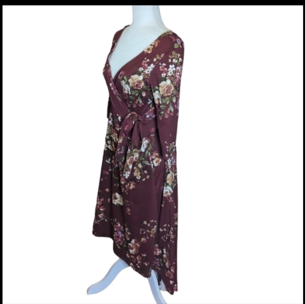 Burgundy Dress Hi low v neck knit wrap side tie Fairycore floral Feminine sz S - Picture 2 of 10